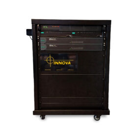 Black case on wheels for portable testing of multiplexer.