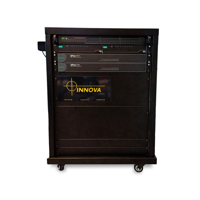 Black case on wheels for portable testing of multiplexer.