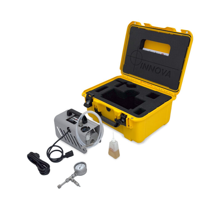Yellow pelicase open showing contents to the Vacuum-KIT outside pelicase.