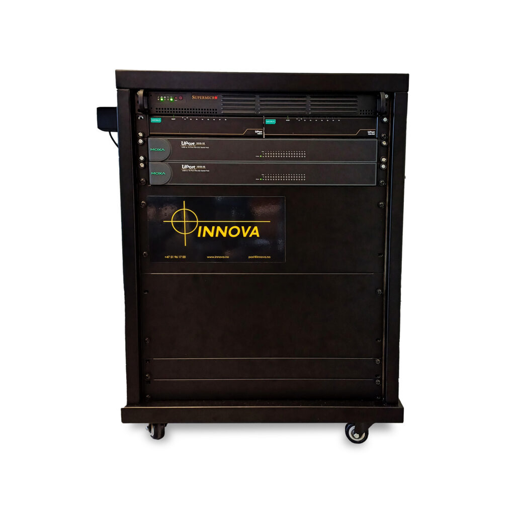 Black case on wheels for portable testing of multiplexer.
